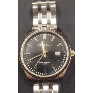 ECLIPSE 42MM GOLD & SILVER TONE AND BLACK FACE MEN'S WATCH NEW BATTERY W/ DATE